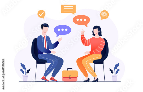 Male and female characters are sitting at the negotiating table and brainstorming. Concept of collective thinking and brainstorming, company information analytics.