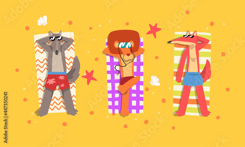Animals Sunbathing on Beach Set, Top View of Wolf, Lion, Fox Relaxing on Seashore at Summer Holidays Vector Illustration