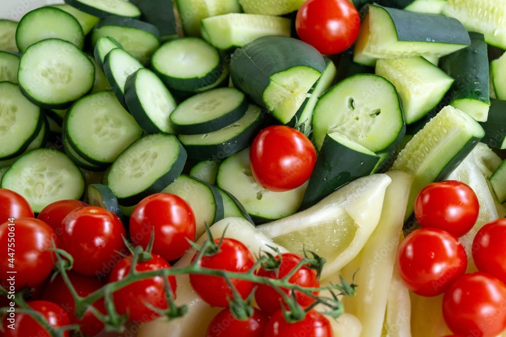 Cucumbers, tomatoes and other vegetables macro Cucumbers, tomatoes and other vegetables macro