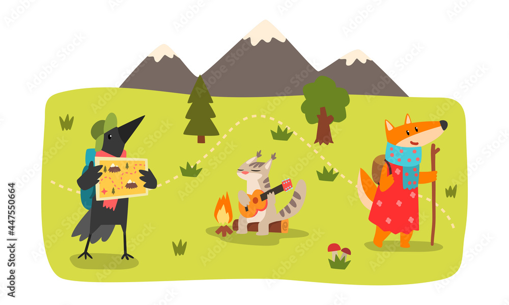 Animals Hiking on Summer Mountain Landscape Set, Fox, Crow, Cat Characters Camping and Hiking Vector Illustration Animals Hiking on Summer Mountain Landscape Set, Fox, Crow, Cat Characters Camping and Hiking Vector Illustration