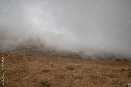 Mountain range covered in fog in the Lebanon Sannine region