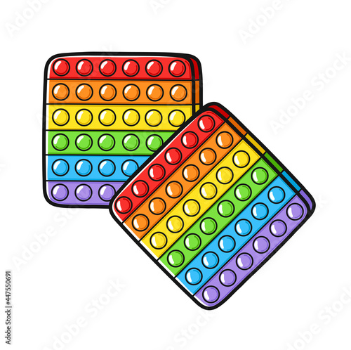 Two funny Pop it fidget sensory toy. Vector hand drawn cartoon illustration logo icon. Isolated on white background. Pop it fidget kids sensory toy doodle cartoon concept