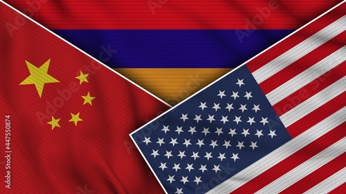 Armenia United States of America China Flags Together Fabric Texture Effect Illustration