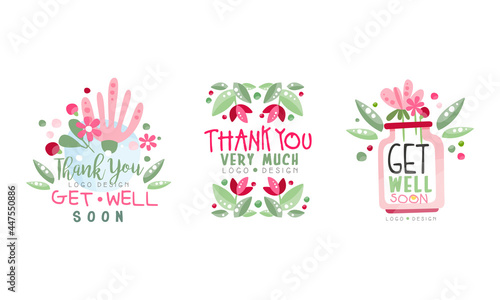 Thank You Logo Design Set, Get Well Soon Hand Drawn Labels Vector Illustration