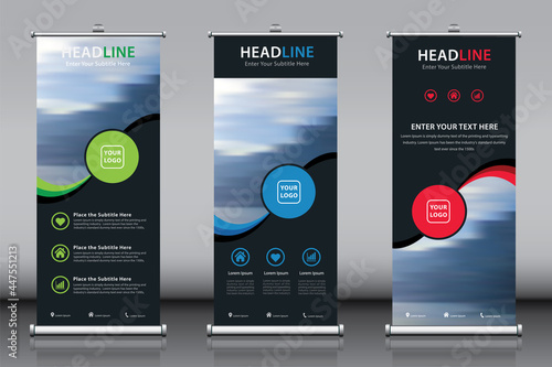 Roll up vertical standee banner design template vector with image and 3 titles. Information advertisement branding X-banner and Street Business Flag Exhibition banner. Editable color 3 in 1