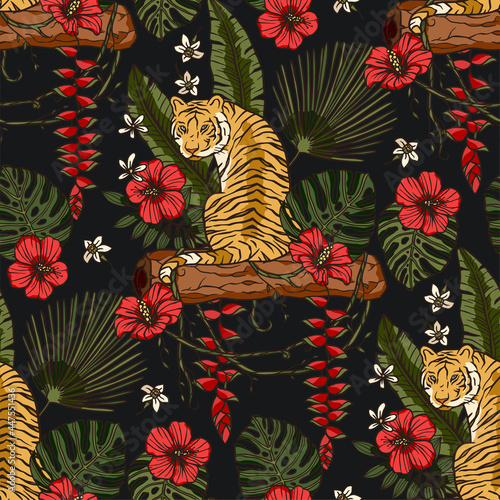 Exotic tropical animal wild tiger seamless pattern with hibiscus rose and heliconia flower. Wildlife nature jungle art on a black background. Tropic zoo print illustration. New year 2022