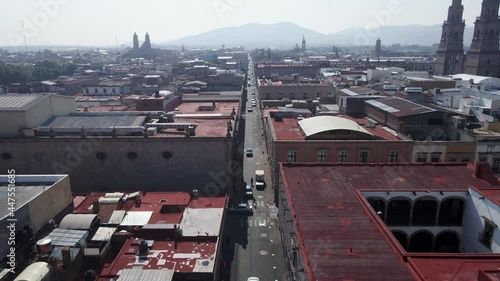 aerial view of street in the center of a colonial city in mexico