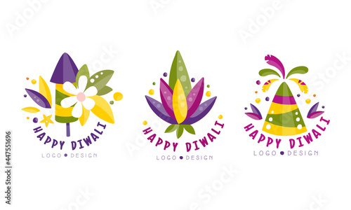 Happy Diwali Logo Design Set, Indian Festival Bright Labels Vector Illustration
