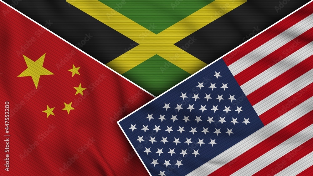 Fototapeta premium Jamaica United States of America China Flags Together Fabric Texture Effect Illustration