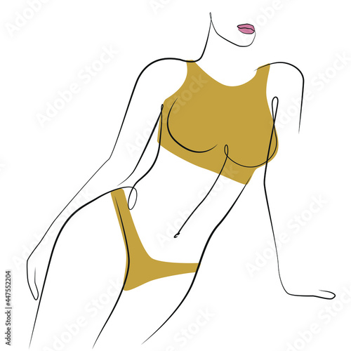 Woman in a set of sand-colored underwear stands leaning on the palm line drawing on white isolated background