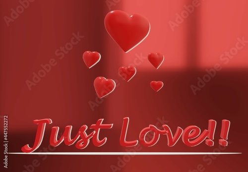 Word JUST LOVE written in 3d letters with Red heart floating in the air in red background. studio room. Best for proposal, message, gift, template, romantic, Valentine's day, marriage, Ad. 3d render
