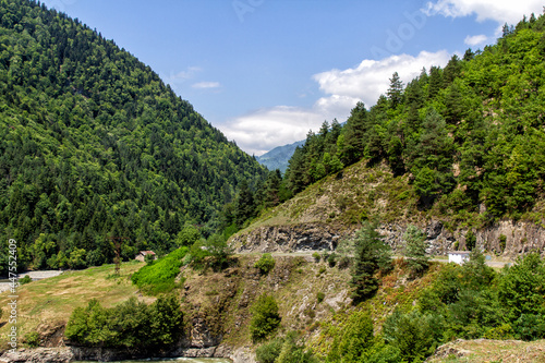 Serpentine mountain road. View of the Goderdzi pass. Caucasus Mountains. Georgia