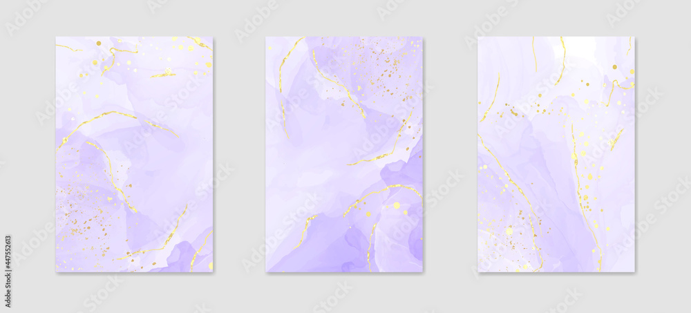 Abstract luxury lavender liquid watercolor background with golden cracks. Pastel violet marble alcohol ink drawing effect. Vector illustration design template for wedding invitation