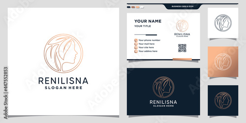 Beauty logo for woman with line art style and circle concept and business card design