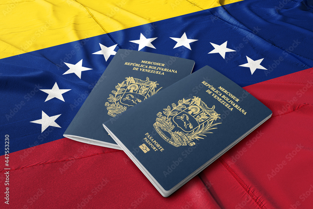 Venezuelan passports are issued to citizens of Venezuela to travel outside the country. Passport on the Venezuelan flag
 - obrazy, fototapety, plakaty 