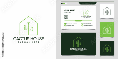 Cactus house logo with line art style and business card design. Premium Vector