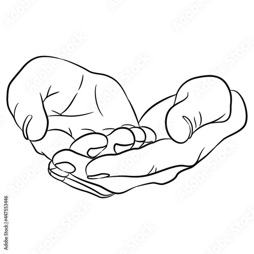 Two human hands with open palms supporting each other in scooping holding gesture. Cartoon style. Black and white linear silhouette.