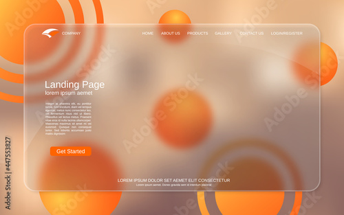 Website landing page vector template. Abstract colorful background for webpage and application with glassmorphism effect