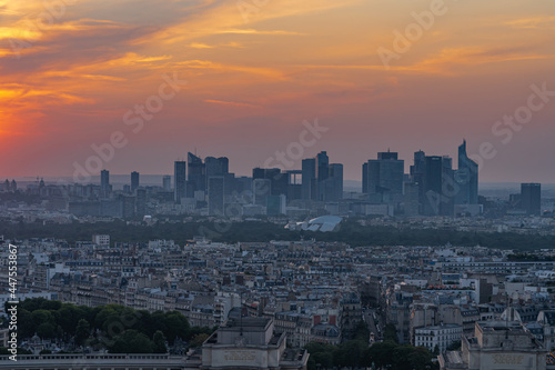 Paris, France - 07 22 2021: Eiffel Tower: View of the Trocadero and la Defense at sunset