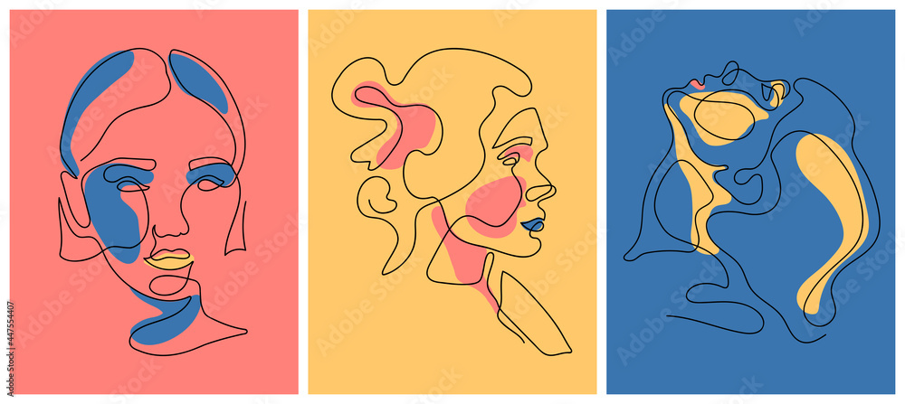 Set of modern abstract 
women portraits, minimalist contour. One line drawing abstract face. Сolor and contrast illustrations. Great for home decor such as posters, wall art, tote bag, t-shirt print, 