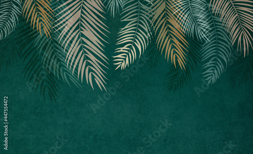 Art wallpaper with leaves on a dark background. Palm leaves, tropical leaves on a green background. Photo wallpapers for the bedroom.