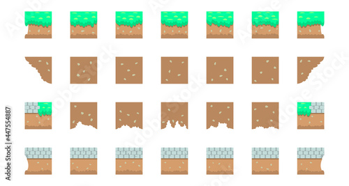 Square with a landscape for creating a video game. A set of create a platformer, consisting of ground, grass and paving stones.