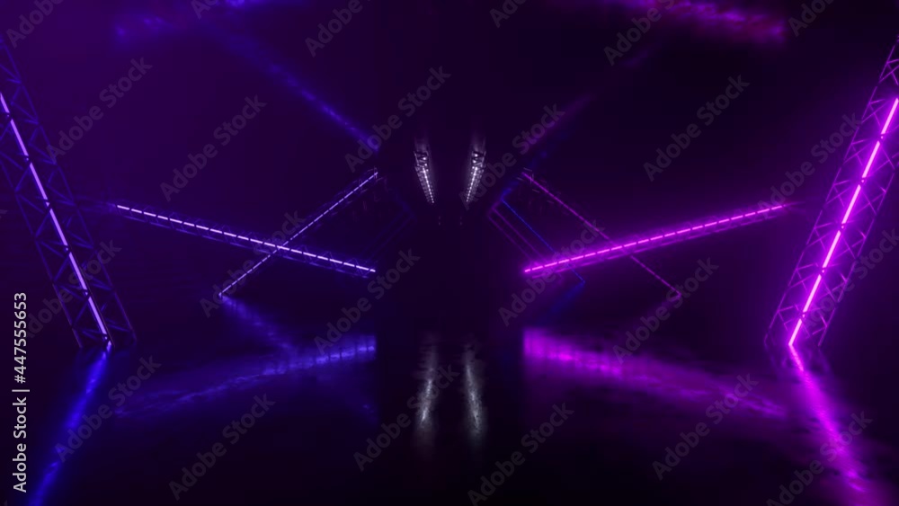 Abstract neon background flying forward through the corridor, glowing pink blue lines appear, ultraviolet spectrum. Seamless loop 3d render
