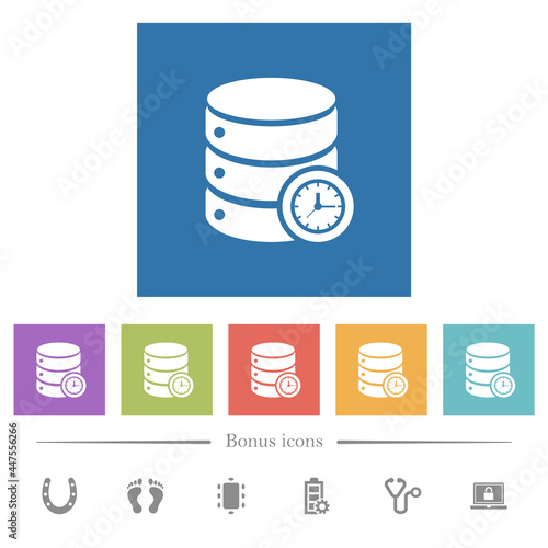 Database query time flat white icons in square backgrounds