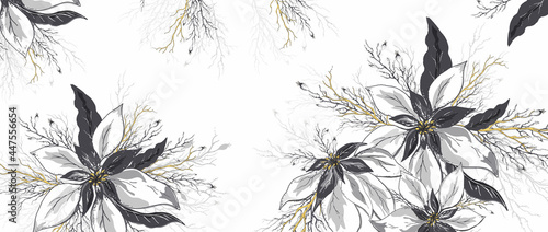 winter pattern of poinsettia flowers. hand-drawn bouquets in a realistic style, close-up. modern design for paper, wallpaper, posters. vintage style. vector art illustration photo