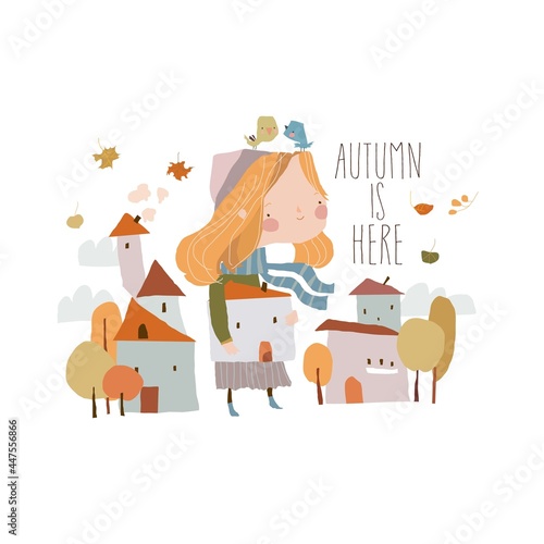 Cute Cartoon Autumn Girl with Little Houses © Maria Starus