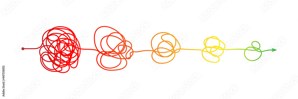 Complex messy connected lines as concept of chaos solving. Process of problem simplifying in mind. Vector illustration of confusion to clarity step by step, psychotherapy path for mental health Complex messy connected lines as concept of chaos solving. Process of problem simplifying in mind. Vector illustration of confusion to clarity step by step, psychotherapy path for mental health