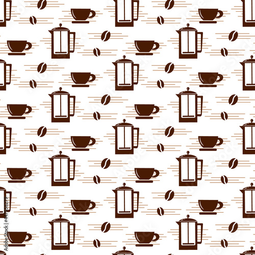 Pattern with coffee beans in a cup and a French press. Vector illustration on a white background with stripes. For use in packaging and covers, fabrics, shops, advertisements and promotions, cafes and