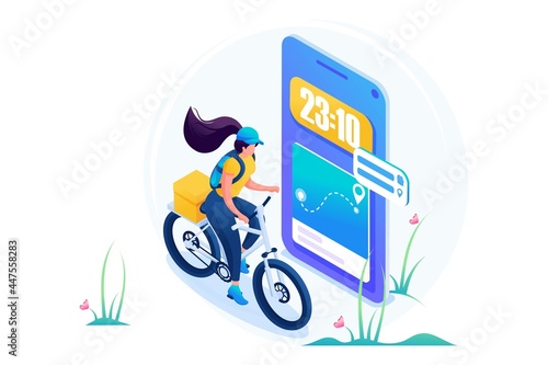 Isometric 3D. Courier Girl Goes Along The Delivery Route. Concept For Web Design