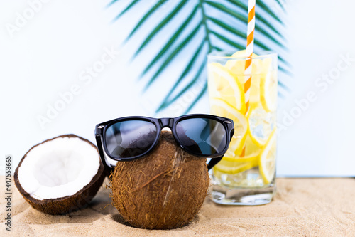 Coconut with sunglasses on the beach sand. Fruit in trendy sunglasses