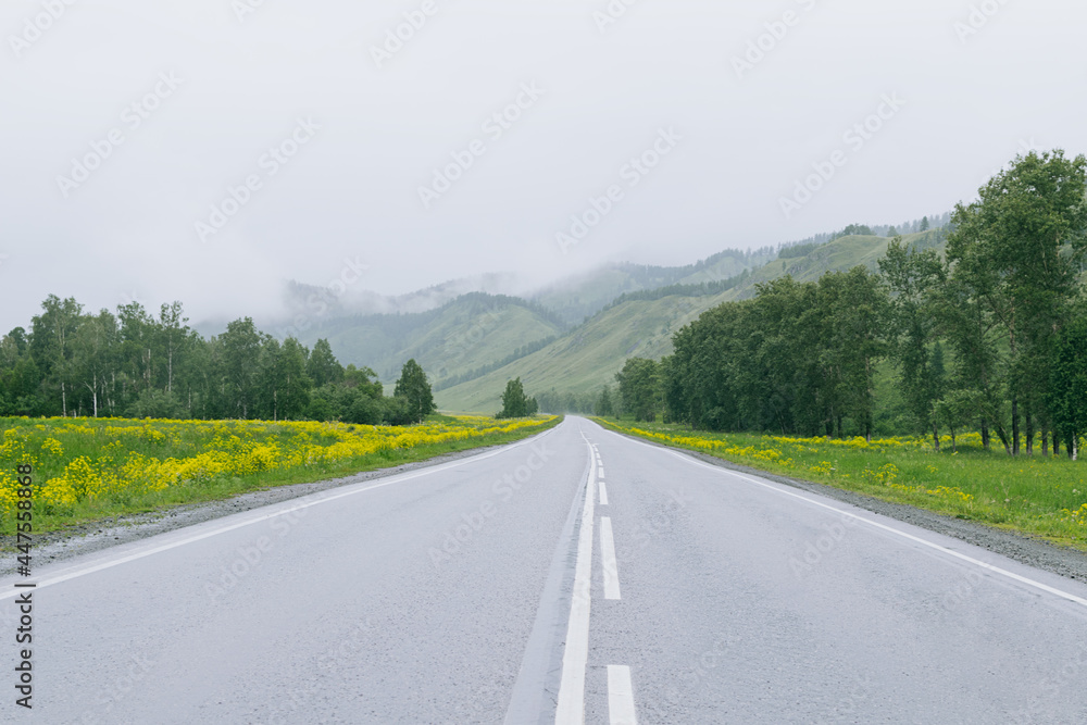 Foggy mountain road in Altai republic, Siberia, Russia.