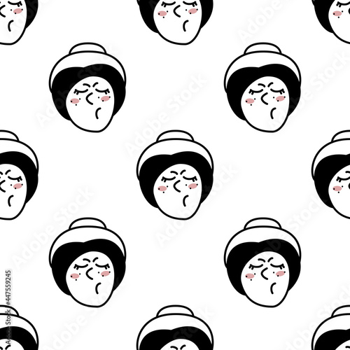 Hand drawn doodle style face of young disgruntled woman background. Trendy black and white vector seamless pattern.