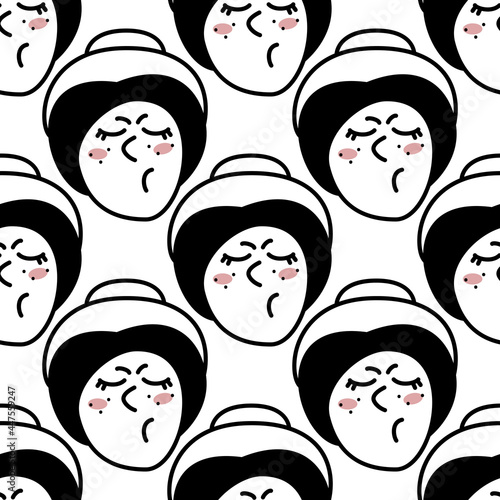 Hand drawn doodle style face of young disgruntled woman background. Trendy black and white vector seamless pattern.