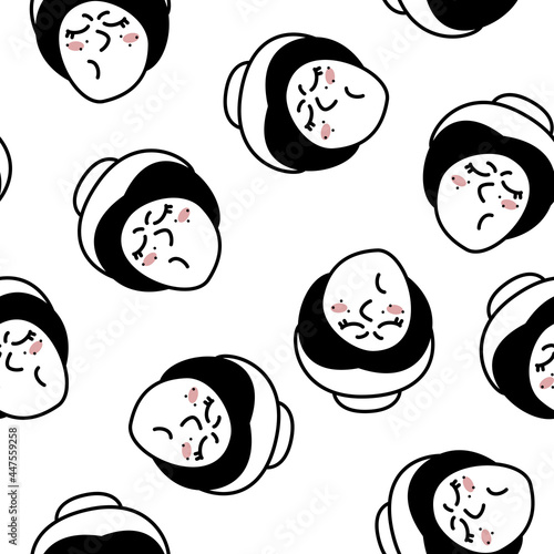 Hand drawn doodle style face of young disgruntled woman background. Trendy black and white vector seamless pattern.