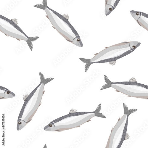 Simple background with sea fish. Realistic herring seamless pattern.