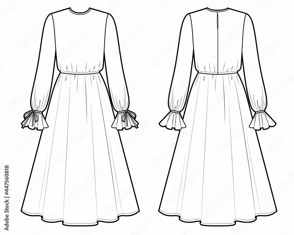 Bohemian dress fashion, woman round neck long dress technical drawing, front, back view Bohemian dress fashion, woman round neck long dress technical drawing, front, back view