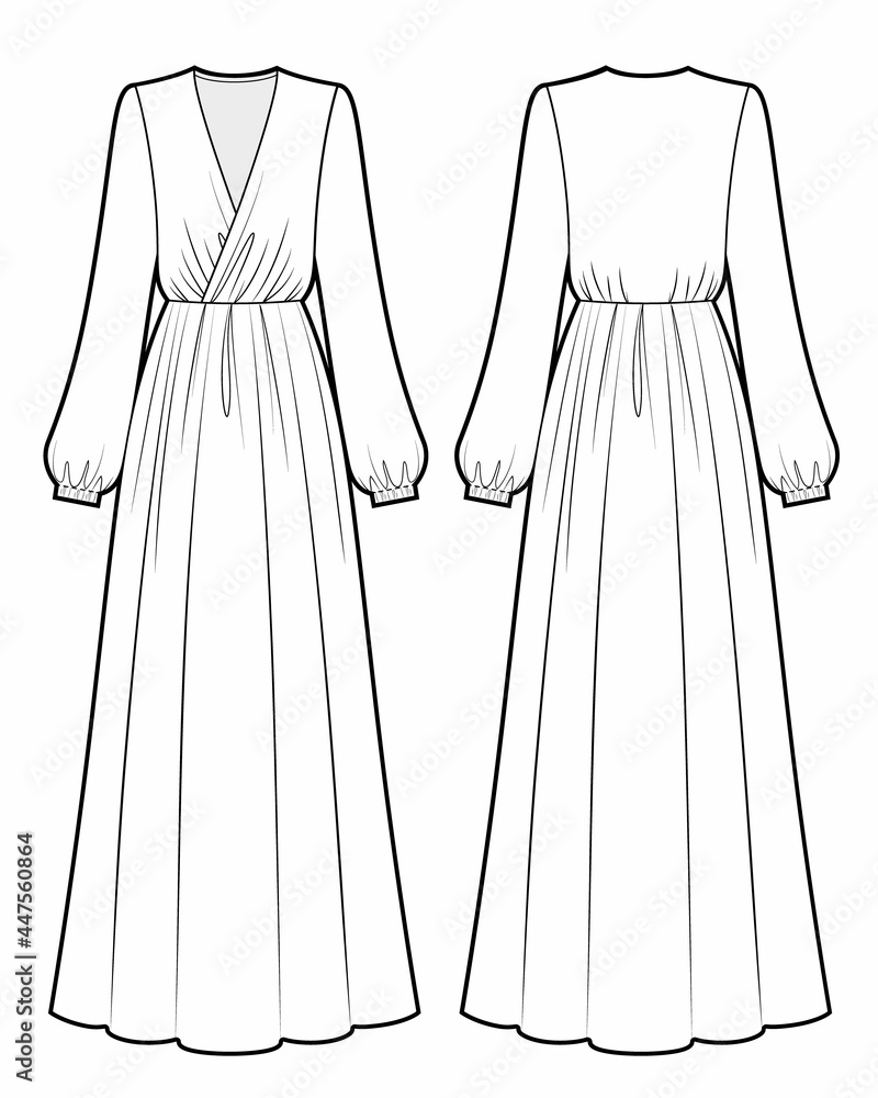 Folded maxi silk dress fashion sketch, romantic style , front, back ...