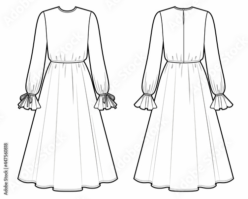 Obraz na płótnie Bohemian dress fashion, woman round neck long dress technical drawing, front, ba