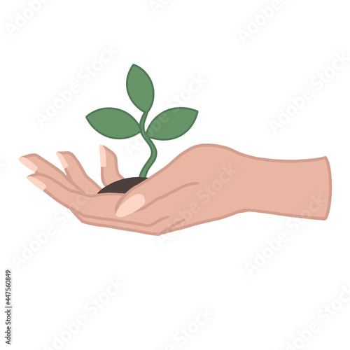Hands holding seedling in soil line icon