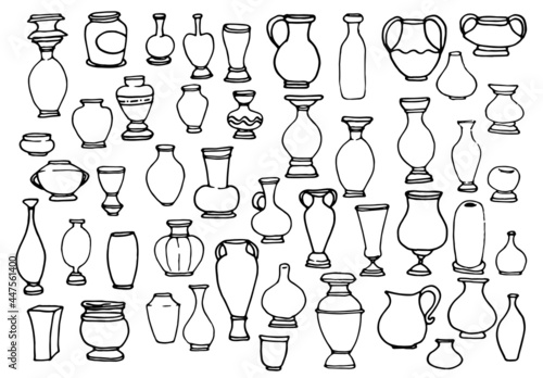 Vector set of empty vases. a collection of vases, jugs of various shapes, hand-drawn in doodle style, isolated black outline on a white background for a design template. interior elements for the hous