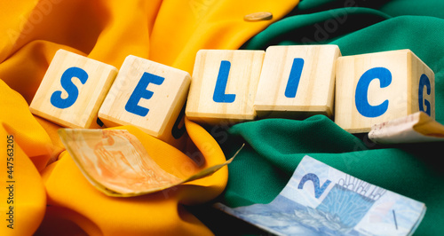 Palavra SELIC escrita em cubos de madeira com algumas cédulas do Real Brasileiro. Fundo em cores amarelo e verde associando ao Brasil.  photo
