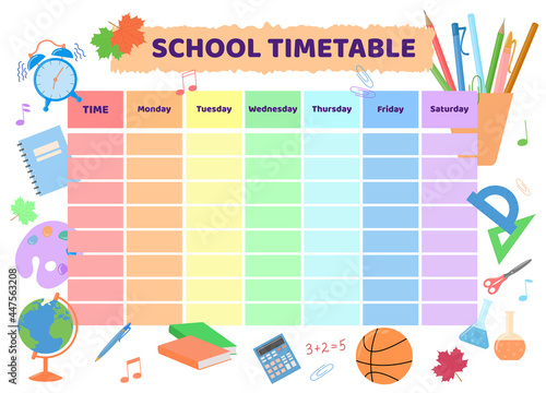School timetable. Rainbow kid design of planner. Weekly schedule for schoolers in English language. Education elements on white background. Vector illustration