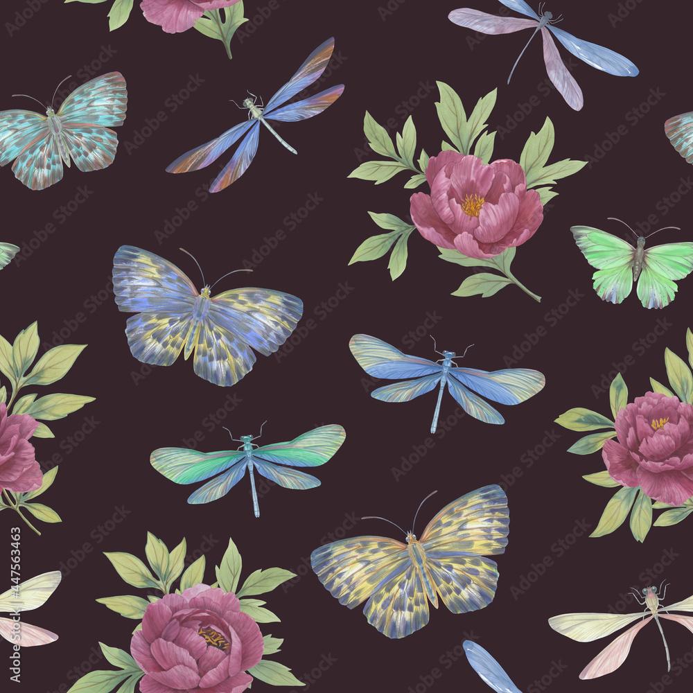 Seamless watercolor pattern. Botanical pattern of butterflies, flowers and dragonflies. Background for design, scrubbing, print, wallpaper, wrapping paper, postcard.