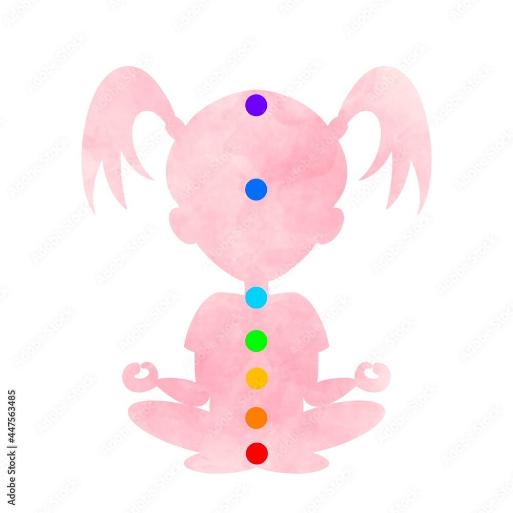 Pink painted child girl silhouette of yoga lotus position with chakra colored circles. Hand drawn digital illustration. Print quality for children Pink painted child girl silhouette of yoga lotus position with chakra colored circles. Hand drawn digital illustration. Print quality for children