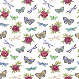 Seamless watercolor pattern. Botanical pattern of butterflies, flowers and dragonflies. Background for design, scrubbing, print, wallpaper, wrapping paper, postcard.
