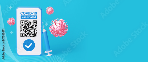 Qr code about the vaccination against coronavirus disease. 3d rendering illustration. With copy space photo